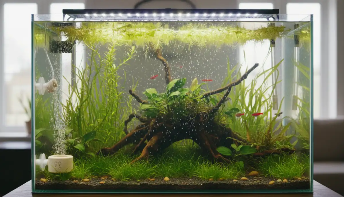 A imagem demonstra a importância da difusão do CO2 para o crescimento saudável das plantas, promovendo um ambiente equilibrado e prevenindo o surgimento de algas indesejadas no aquário. A imagem demonstra a importância da difusão do CO2 para o crescimento saudável das plantas, promovendo um ambiente equilibrado e prevenindo o surgimento de algas indesejadas no aquário.