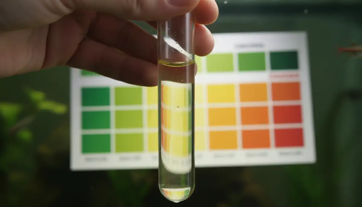 A imagem ilustra a importância de testar a água do aquário para verificar os níveis de amônia, utilizando um kit de teste com escala de cores, essencial para diagnosticar e monitorar a qualidade da água e a saúde do ecossistema.