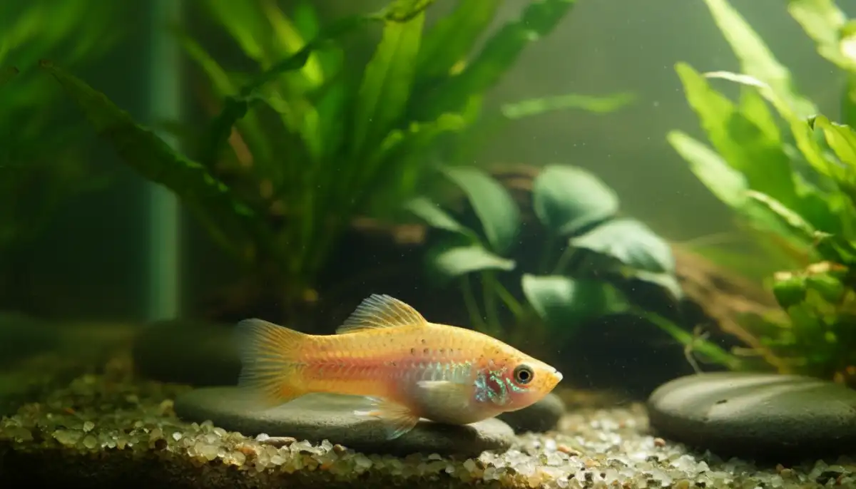 A imagem ilustra um plati com sinais visíveis de hidropsia, incluindo o inchaço abdominal característico e as escamas eriçadas, destacando a importância do diagnóstico precoce para aumentar as chances de recuperação do peixe.