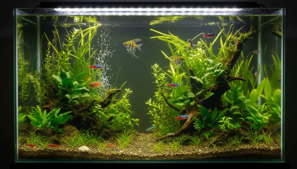 A imagem representa um aquário plantado saudável e equilibrado, com água cristalina e plantas exuberantes, demonstrando o resultado de uma manutenção preventiva eficaz e a importância de um ambiente aquático bem cuidado.