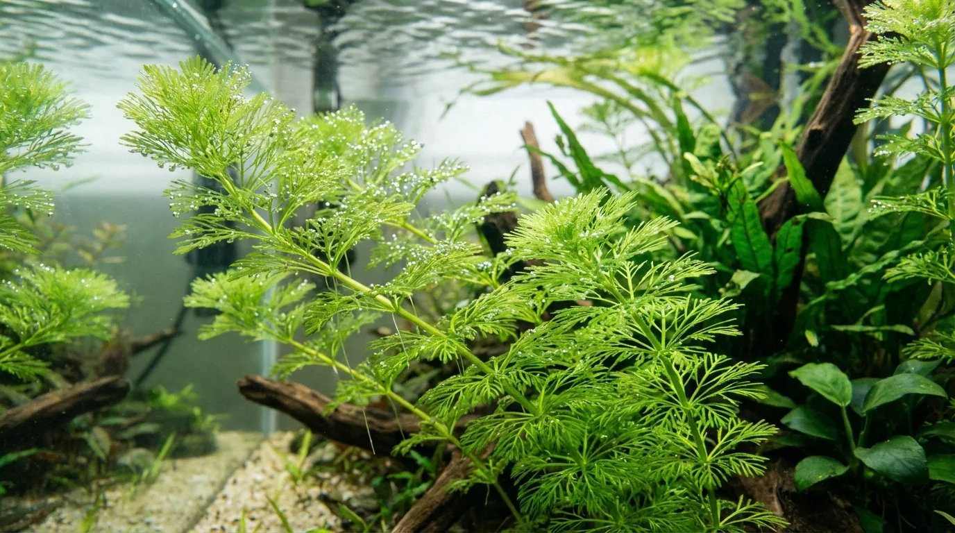 Ambulia (Limnophila sessiliflora) em detalhes: uma planta de crescimento rápido que ajuda a manter a água do aquário limpa.