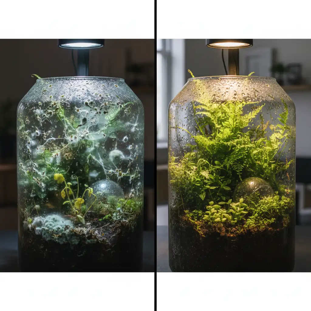 Antes e depois do tratamento de um terrário infestado por fungos
