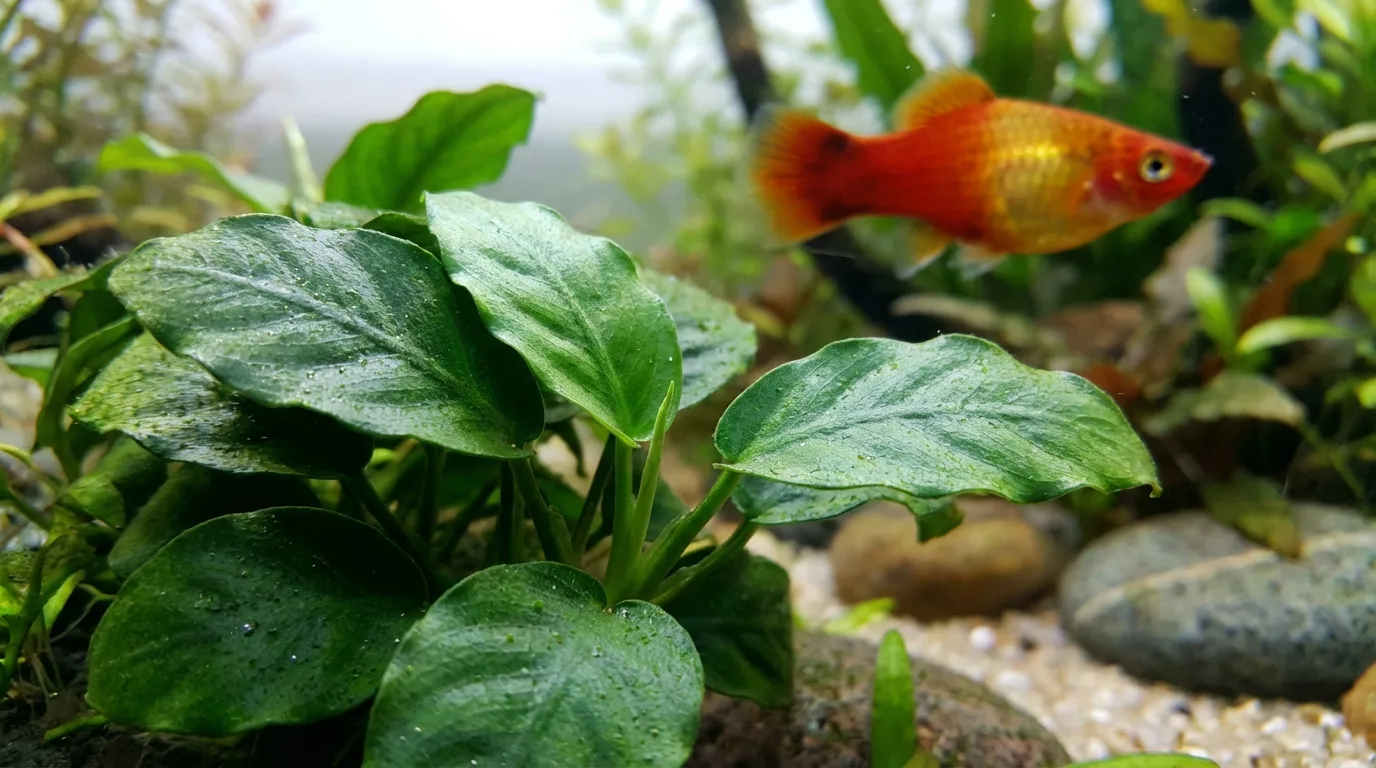 Anubias nana, uma planta resistente e de baixa manutenção, ideal para aquários com platies.