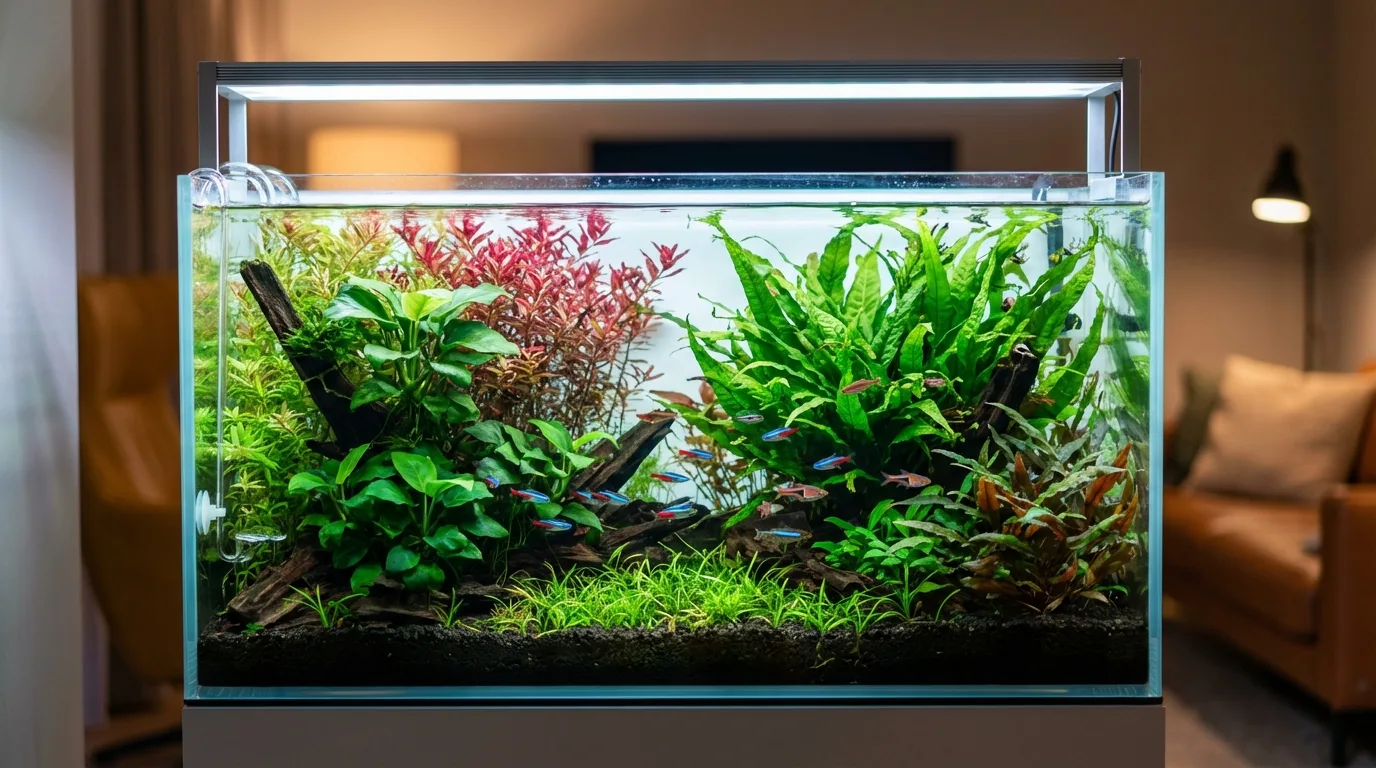 Aquário plantado exuberante com plantas saudáveis e cores vibrantes, resultado de uma iluminação bem planejada.