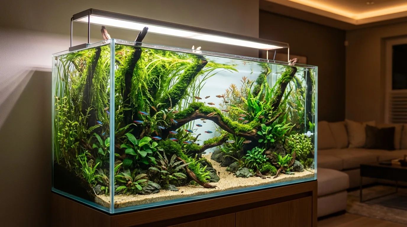 Aquário plantado retratando uma floresta tranquila com plantas verdejantes, troncos formando um caminho e pequenos peixes nadando na água cristalina.
