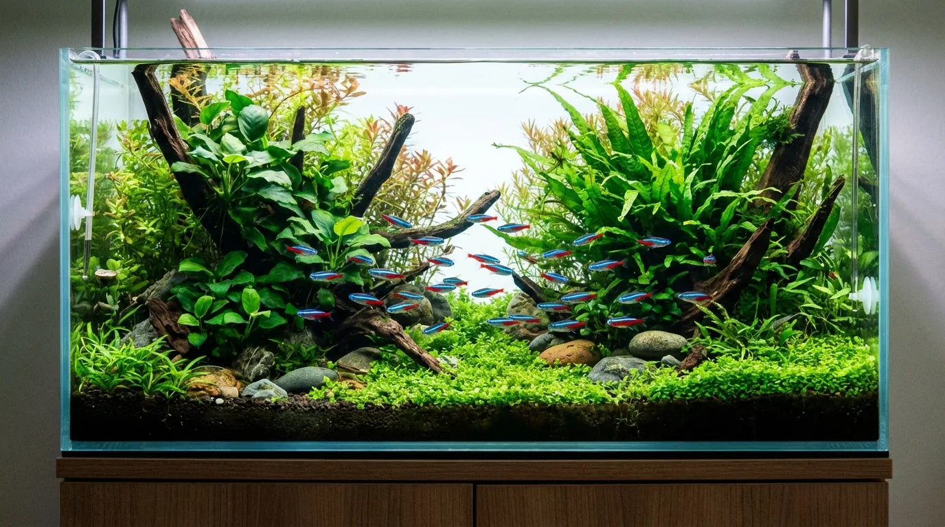 Cardume de Neons nadando em aquário densamente plantado. A saúde do aquário é visível na cor vibrante dos peixes e no verde exuberante das plantas.