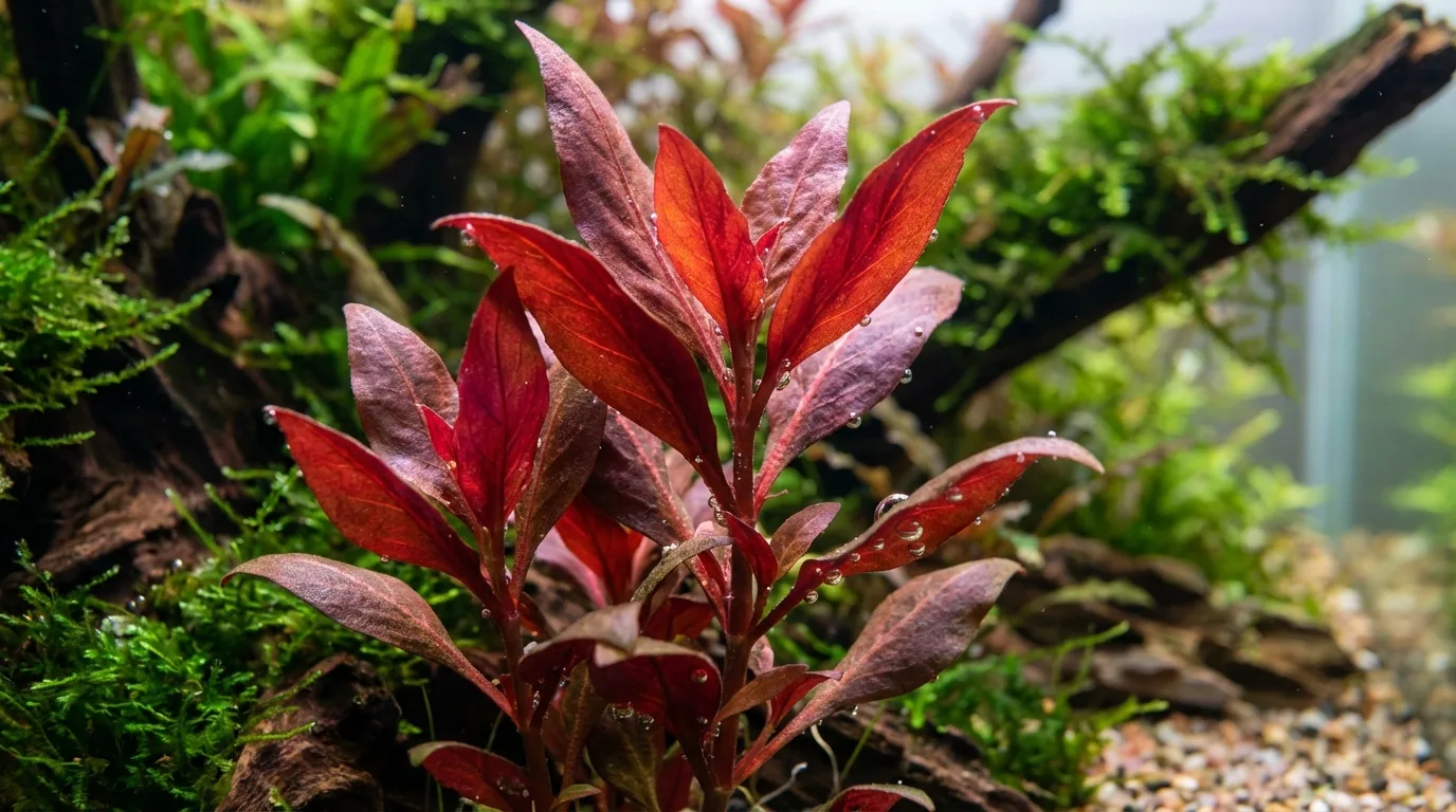 close-up of an Alternanthera reineckii plant under high-intensity LED lighting in a planted aquarium. The lighting highlights the vibrant red coloration of the leaves and the overall health of the plant. on the plant's details, with a slight to blur the background.