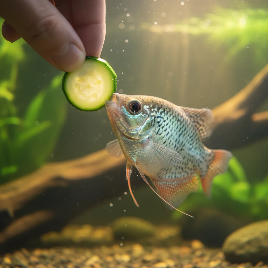 Close-up, photorealistic shot of a Gourami eating a small piece of cooked zucchini offered by a fish keeper. Focus on the details of the gourami's face and its interaction with the food. The background should be blurred and show elements of a planted aquarium.