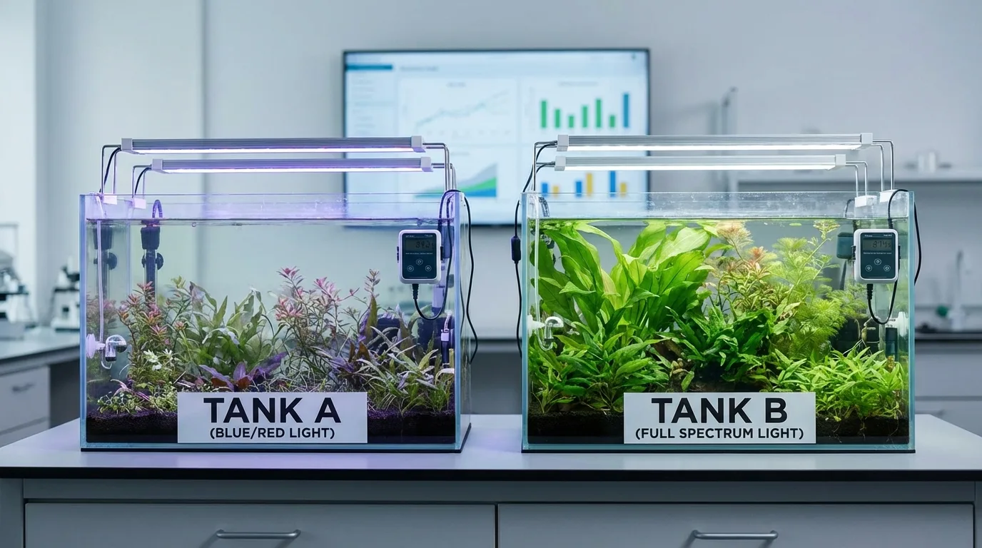 Comparativo do crescimento de plantas sob diferentes espectros de luz: observe as diferenças na coloração e densidade foliar.