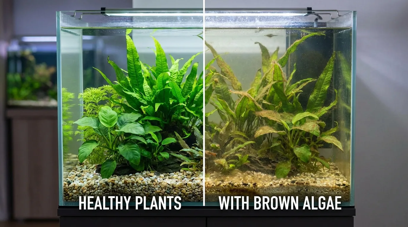 Comparativo visual: plantas saudáveis à esquerda e plantas com algas marrons à direita. Iluminação e limpeza fazem a diferença.