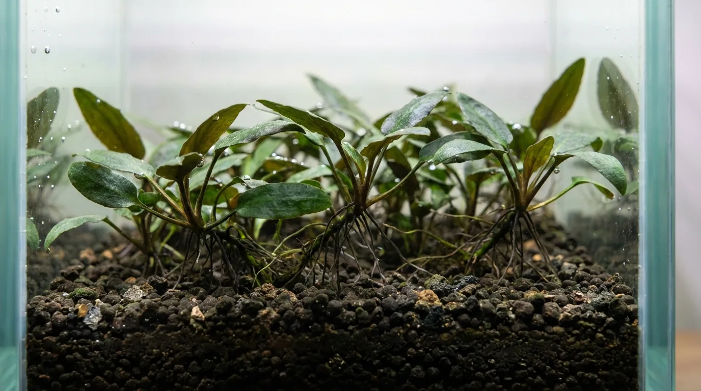 Cryptocoryne parva saudável crescendo em substrato rico em nutrientes, com raízes bem desenvolvidas.