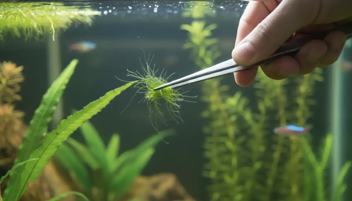 Esta imagem demonstra a remoção manual de algas filamentosas com o uso de pinças, uma técnica eficaz para controlar o crescimento indesejado e preservar a saúde das plantas em aquários plantados.