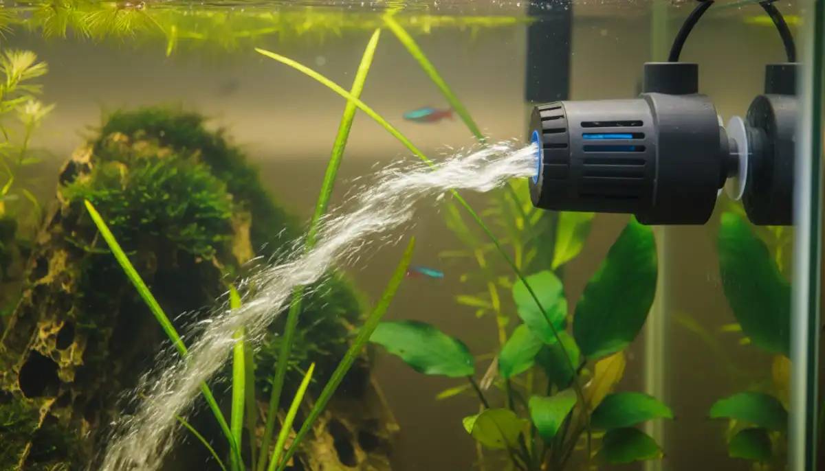 Esta imagem ilustra o funcionamento de uma bomba de circulação em um aquário, demonstrando como o fluxo de água adequado contribui para a distribuição de nutrientes e a saúde geral do ecossistema aquático.