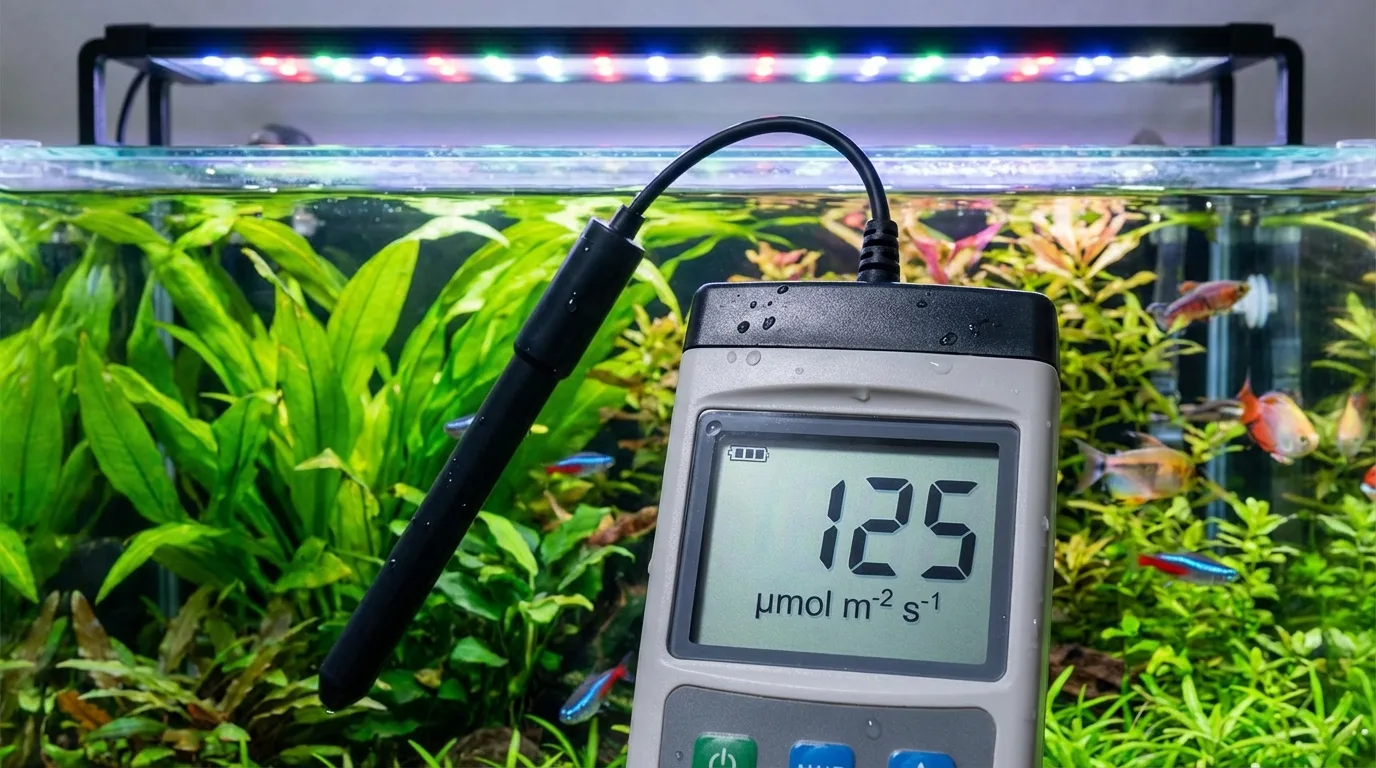 Medidor de PAR em aquário plantado: essencial para saber se as plantas estão recebendo luz suficiente.