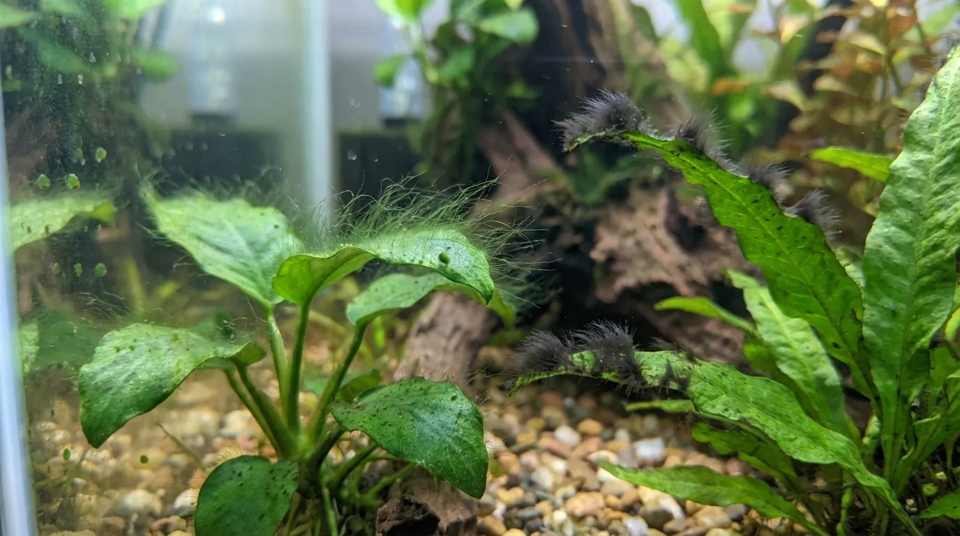 of various types of algae growing on aquatic plants in an aquarium. Algae types include hair algae, green spot algae, and black beard algae.