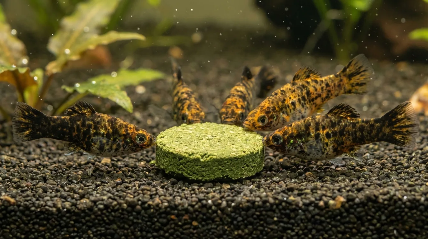 Pastilha de algas no substrato com molinésias se aproximando: uma forma de redirecionar o interesse das plantas.