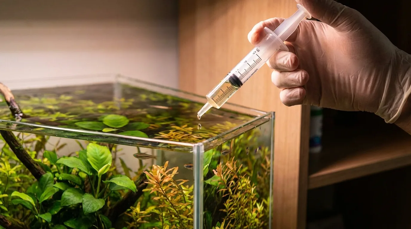 Photorealistic image of a hand carefully measuring liquid fertilizer using a syringe and adding it to a planted aquarium. The lighting should focus on the syringe and the aquarium water, creating a sense of precision and care. The background should be slightly blurred to emphasize the action.