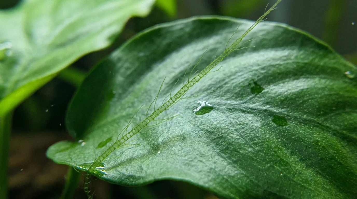 photorealistic, macro shot of a single strand of hair algae growing on a healthy Anubias leaf, showcasing the algae's structure and contrasting it with the plant's vibrancy.