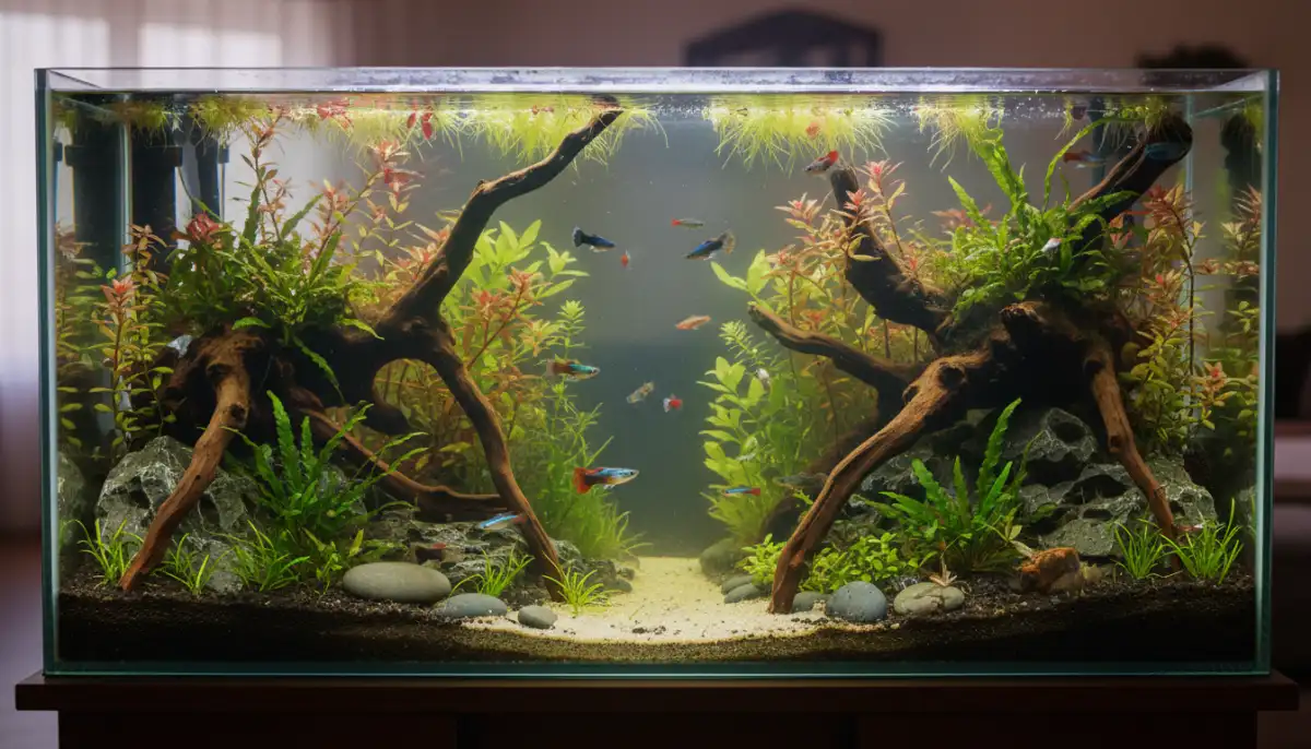 Um aquário densamente plantado com pedras e troncos oferece múltiplos esconderijos, reduzindo o estresse e a agressão entre os peixes, promovendo um ambiente mais pacífico. Um aquário densamente plantado com pedras e troncos oferece múltiplos esconderijos, reduzindo o estresse e a agressão entre os peixes, promovendo um ambiente mais pacífico.