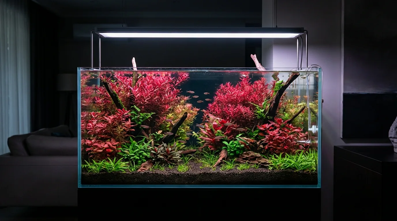 Um aquário exuberante dominado por plantas vermelhas: Rotala macrandra e Ludwigia glandulosa em plena forma.