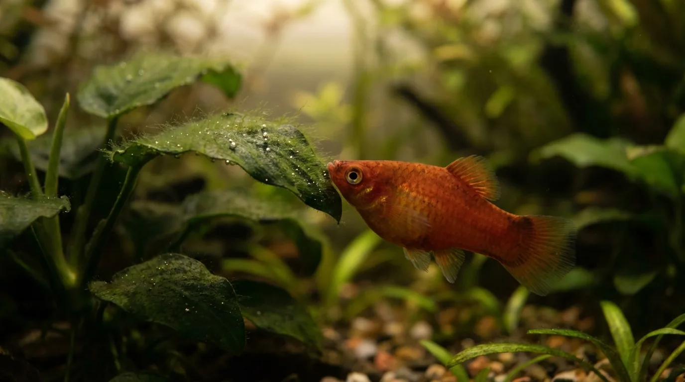 Um platy beliscando uma folha com algas, um comportamento comum em aquários plantados.