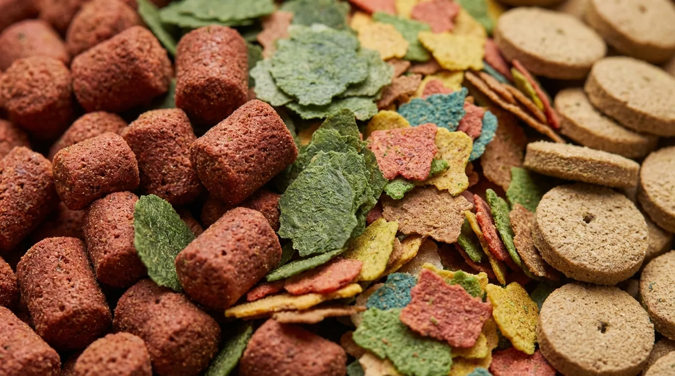 Variedade de rações para peixes tropicais: micro pellets, flocos e alimentos liofilizados. Uma dieta variada é essencial para a saúde dos tetras.